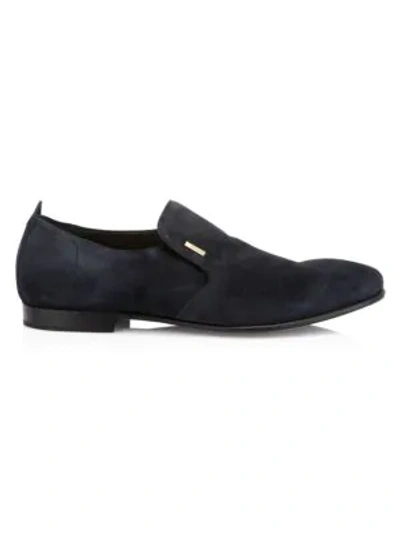 Dunhill Men's Engine Turn Suede Loafers With Brass Detail In Charcoal