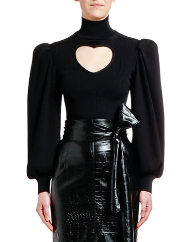 Msgm Puff-sleeve Turtleneck Sweater With Heart Cutout In Black