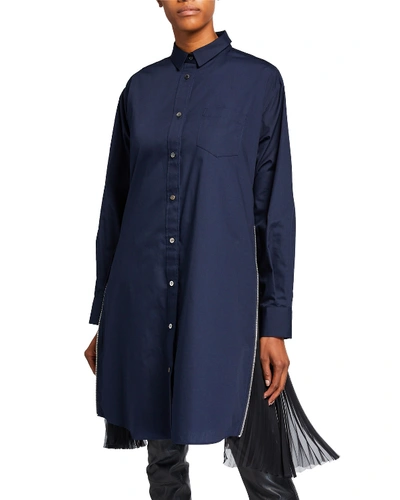 Sacai Pleated-side Long Button-front Shirtdress In Navy
