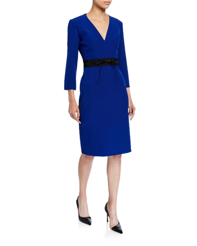 Atelier Caito For Herve Pierre Silk V-neck Bodycon Dress In Blue