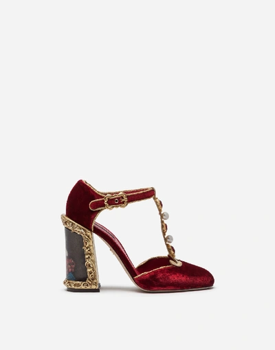 Dolce & Gabbana Velvet T-strap Shoes With Embroidery In Red