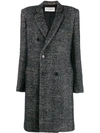 Saint Laurent Herringbone Double-breasted Coat In Black