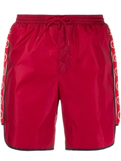 Gucci Men's Logo-stripe Swim Trunks In Red