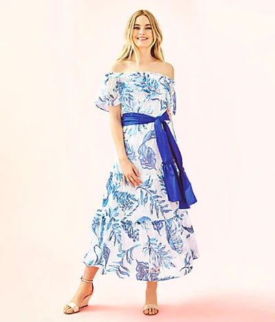 Lilly Pulitzer Sona Off-the-shoulder Midi Dress In Resort White No Place Like Roam