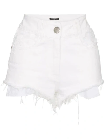 Balmain Destroyed Cotton Denim Shorts In White