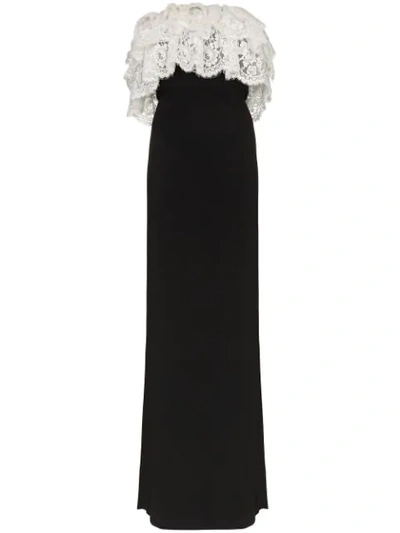 Alessandra Rich Strapless Ruffled Lace And Crepe Gown In Black