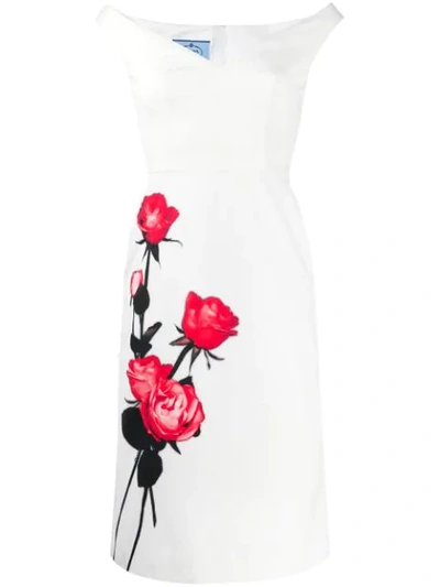 Prada Off-the-shoulder Floral-print Cotton-poplin Midi Dress In White