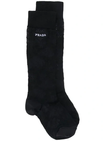 Prada Logo Embroidered Socks In F0002 Nero