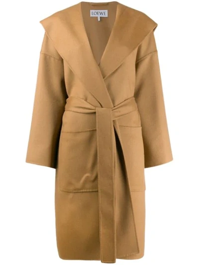 Loewe Hooded Belted Wool And Cashmere-blend Coat In Beige