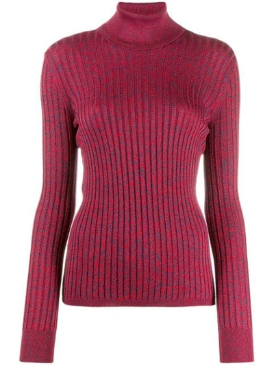 Gucci Metallic Silk Blend Rib Turtleneck Sweater In Blue/ Red