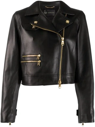 Versace Off-centre Zipped Leather Jacket In Black