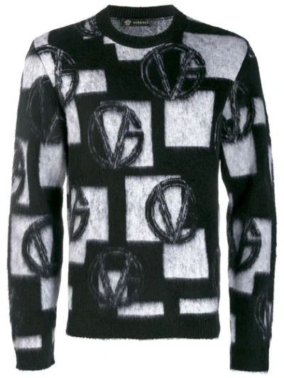 Versace Wool Blend Jacquard Knit Sweater In Nero Multi