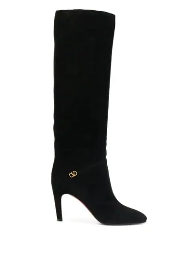 Valentino Garavani Go Logo Black Suede Knee-high Boots