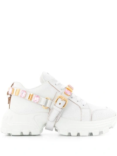 Miu Miu Crystal-embellished Buckle Trainers In White