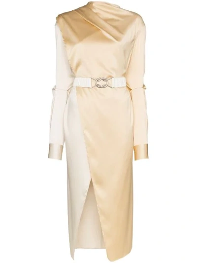 Bottega Veneta Belted Two-tone Stretch-silk Satin Wrap Dress In Neutrals