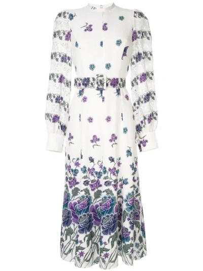 Andrew Gn Printed Silk Long-sleeve Keyhole Dress With Lace In White
