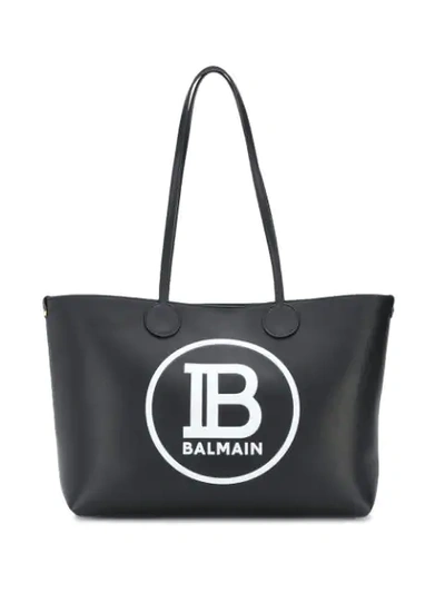 Balmain Medium Logo Leather Shopping Bag Tote - Black