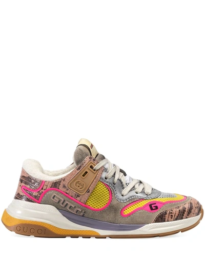 Gucci Ultrapace Snake-effect Leather, Mesh And Distressed Suede Trainers In Pink