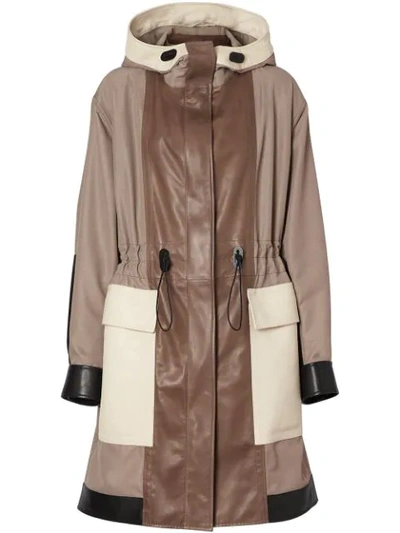 Burberry Leather Panelled Nylon Hooded Parka In Warm Taupe