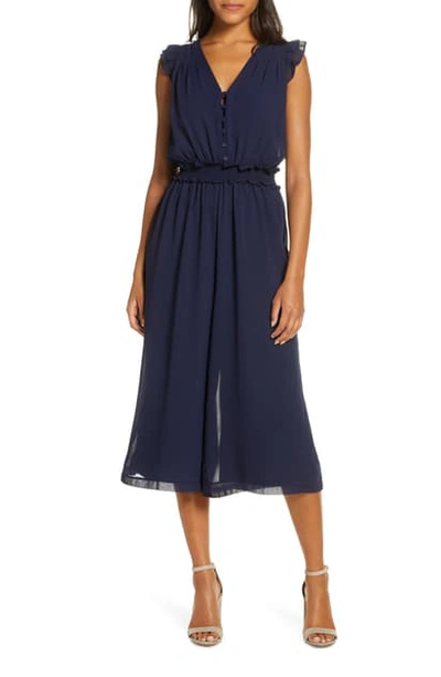 Adelyn Rae Clara Ruffle Sleeve Chiffon Jumpsuit In Navy