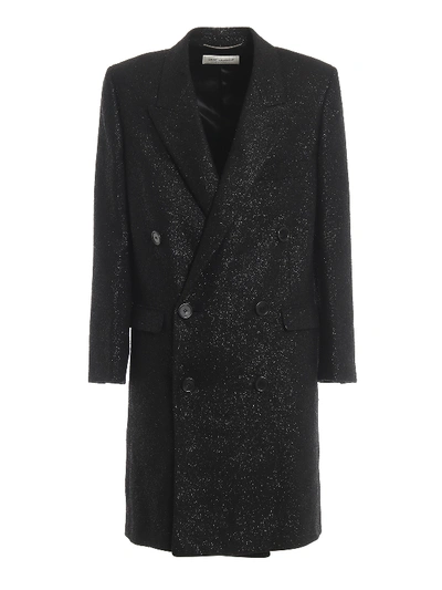 Saint Laurent Metallic Woven Double-breasted Overcoat In Black