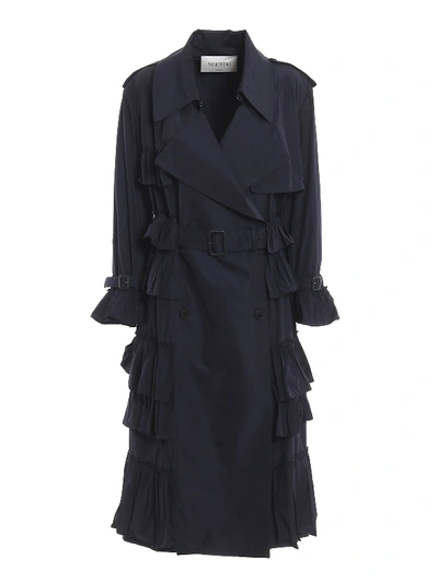 Valentino Frilled Long Trench In Blue