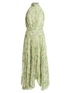 AMUR Bibi Leaf-Print Plissé Halter Handkerchief Maxi Dress