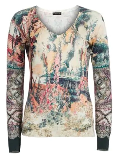 Etro Castle-print Silk/cashmere V-neck Sweater In Multi