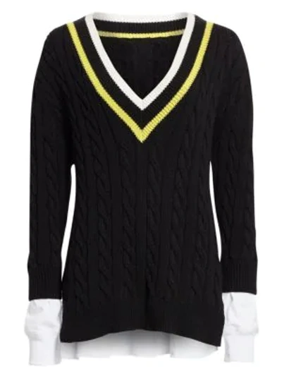 Alexander Wang T Layered Varsity Cable-knit Sweater In Black
