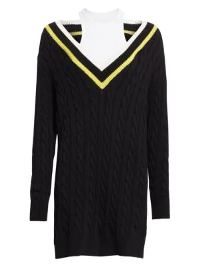 Alexander Wang T Layered Varsity Longline Cable-knit Sweater In Black