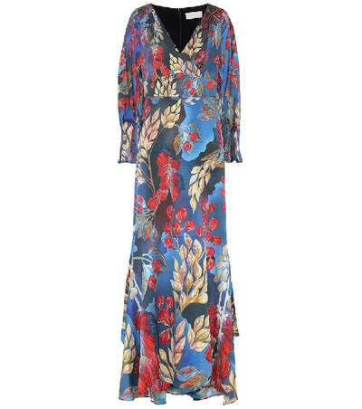 Peter Pilotto Floral-print Balloon-sleeve Silk-satin Gown In Botanical Blue