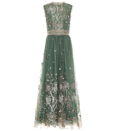 Costarellos Embroidered Tulle Gown In Green