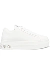 Miu Miu Crystal-embellished Patent-leather Platform Sneakers In White