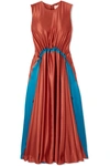 ROKSANDA KEEVA GATHERED TWO-TONE SILK-SATIN MIDI DRESS