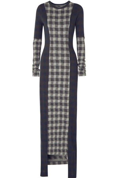 Maison Margiela Paneled Checked Jersey Maxi Dress In Navy