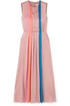 ROKSANDA PLEATED COLOR-BLOCK SILK-SATIN MIDI DRESS