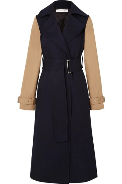 Victoria Beckham Two-tone Wool-gabardine And Cotton-blend Canvas Trench Coat In Navy