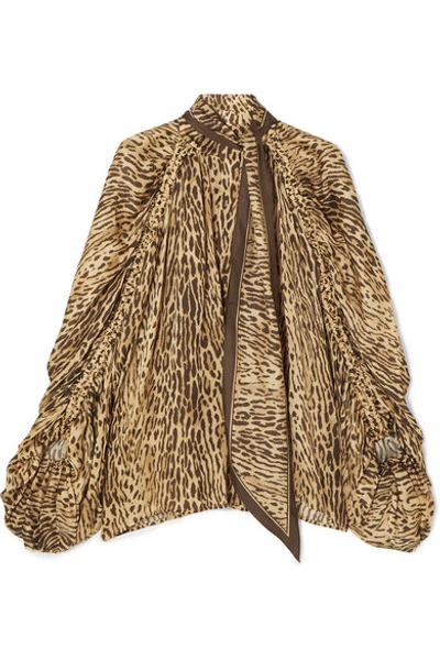Zimmermann Espionage Pussy-bow Leopard-print Silk Blouse In Brown