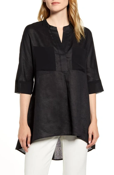 Anne Klein Asymmetrical Hem Linen Tunic Top In Anne Black