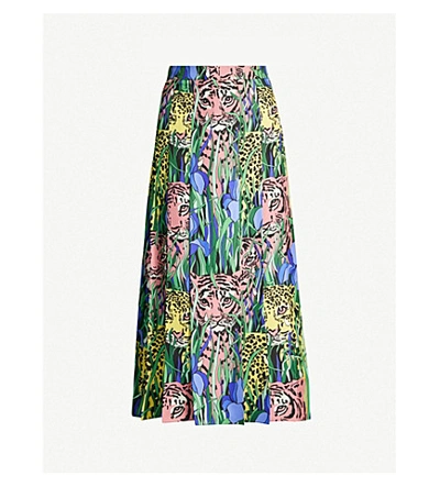Gucci Pleated Feline Garden Print Silk Twill Skirt In Multi