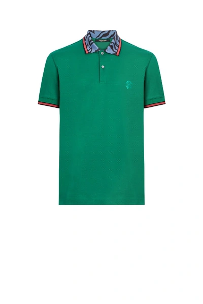 Roberto Cavalli Animalier Collar Polo Shirt In Green