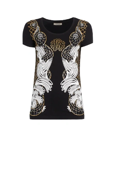 Roberto Cavalli Feather Print T-shirt In Black