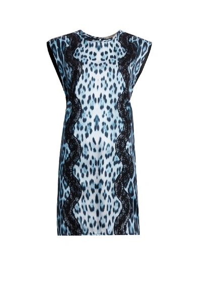 Roberto Cavalli Heritage Jaguar Print Dress With Lace In Blue