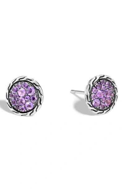 John Hardy Pave Button Earrings In Silver/ Amethyst