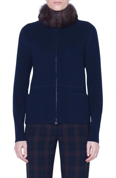 Akris Cashmere Cardigan With Removable Genuine Sable Fur Collar In Navy