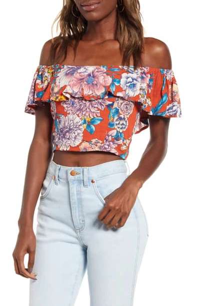 Band Of Gypsies Camellia Off The Shoulder Crop Top In Rust Blush