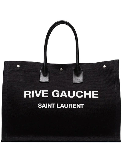Saint Laurent Leather-trimmed Linen Rive Gauche Tote Bag In Black