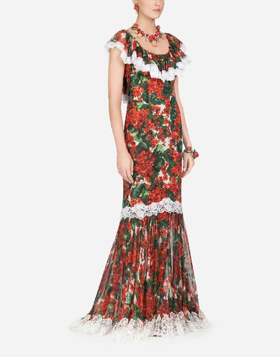 Dolce & Gabbana Lace-trimmed Floral-print Silk-blend Voile Gown In Red