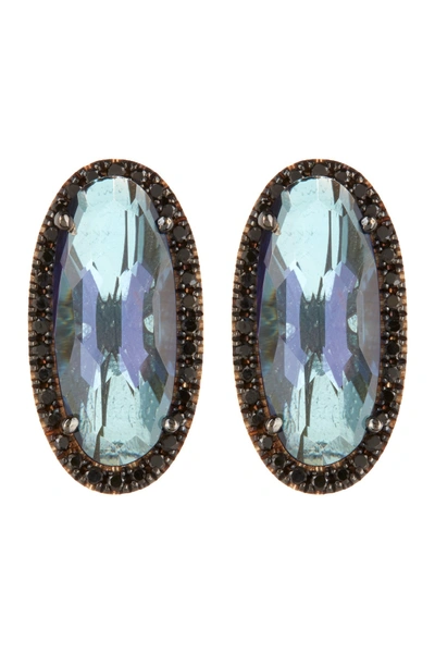 Suzanne Kalan 14k Yellow Gold Black Diamond Pave English Blue Diamond Halo Stud Earrings In Eng Blue Topaz/blk Diamonds