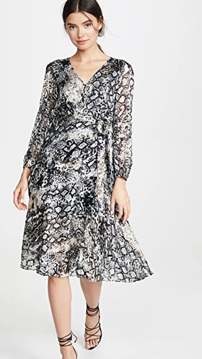 Alice And Olivia Coco Plunging V-neck Mock-wrap Dress In Black Multi